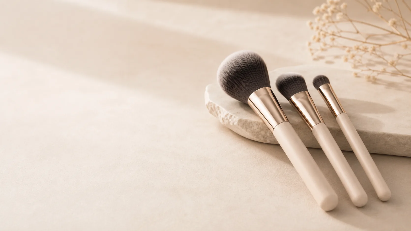 Three Sorē makeup brushes on a soft beige vanity surface