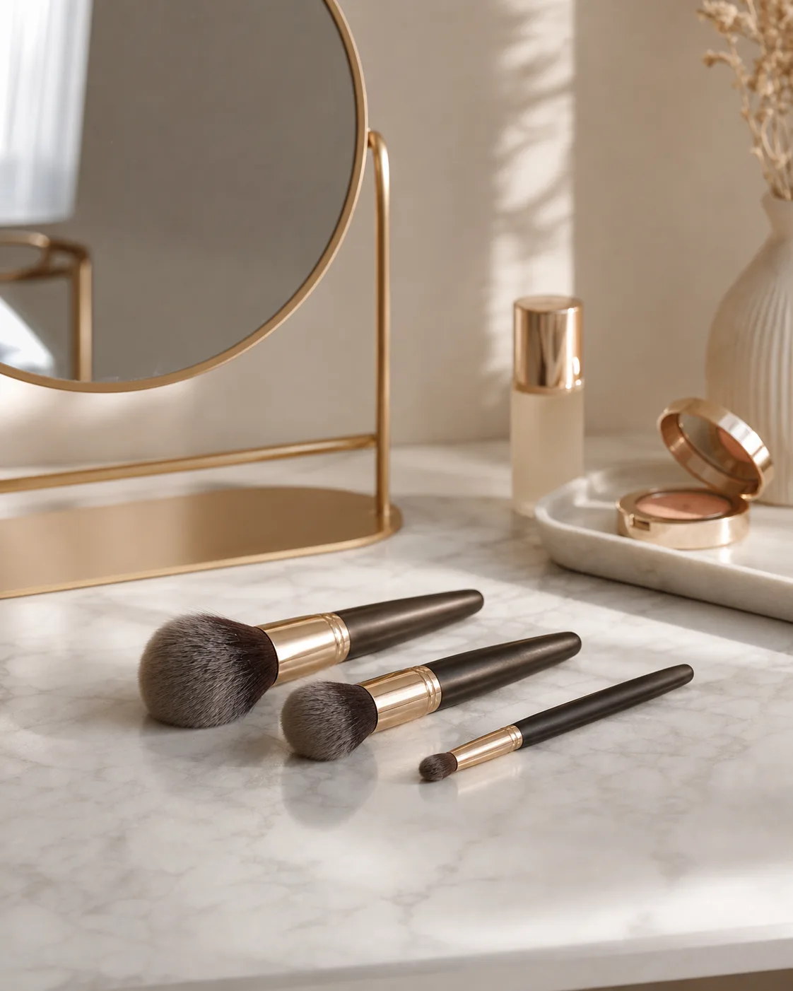 Sorē makeup brushes on a modern vanity table